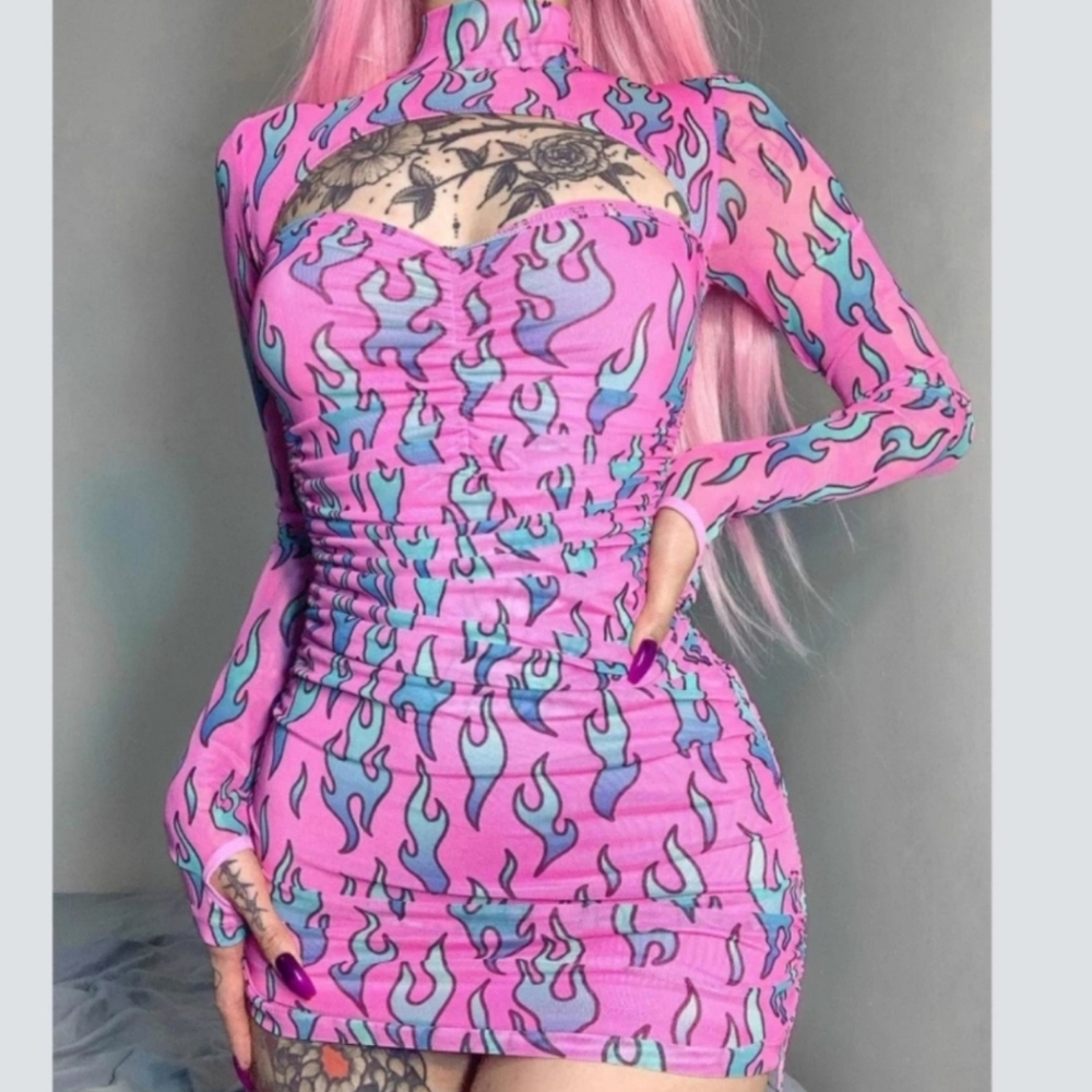Dolls Kill Pink Long Sleeve Ruched Flame Bodycon Dress